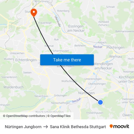 Nürtingen Jungborn to Sana Klinik Bethesda Stuttgart map