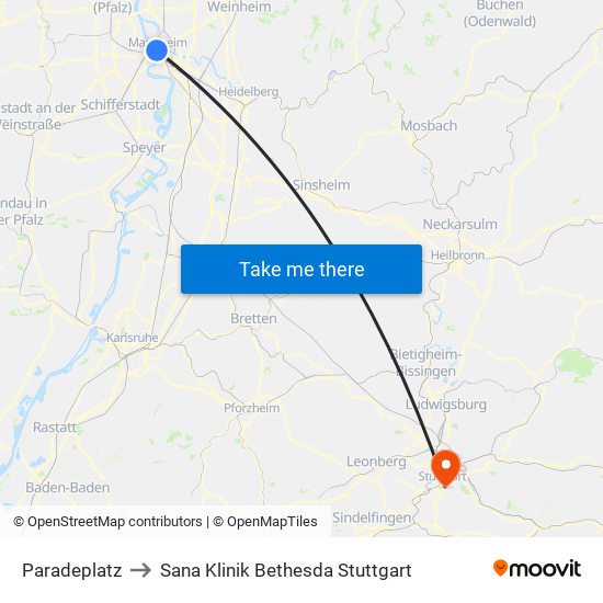 Paradeplatz to Sana Klinik Bethesda Stuttgart map