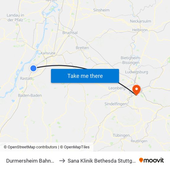 Durmersheim Bahnhof to Sana Klinik Bethesda Stuttgart map