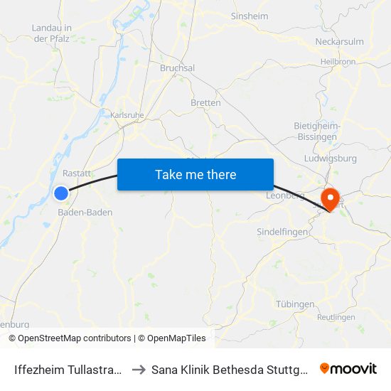 Iffezheim Tullastraße to Sana Klinik Bethesda Stuttgart map