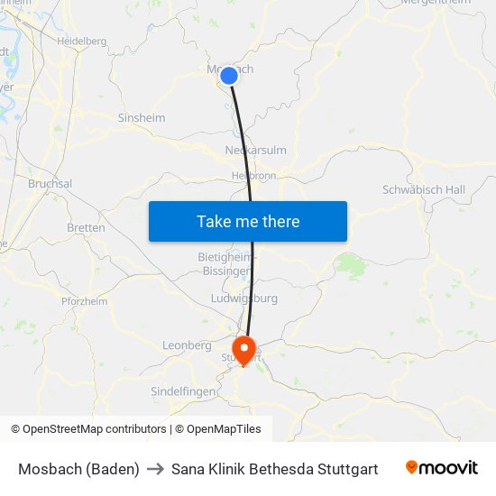 Mosbach (Baden) to Sana Klinik Bethesda Stuttgart map