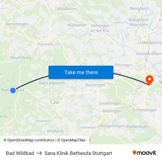 Bad Wildbad to Sana Klinik Bethesda Stuttgart map