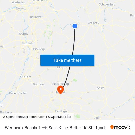 Wertheim, Bahnhof to Sana Klinik Bethesda Stuttgart map