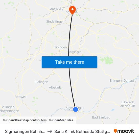 Sigmaringen Bahnhof to Sana Klinik Bethesda Stuttgart map