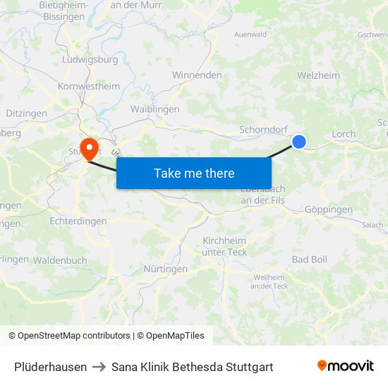 Plüderhausen to Sana Klinik Bethesda Stuttgart map