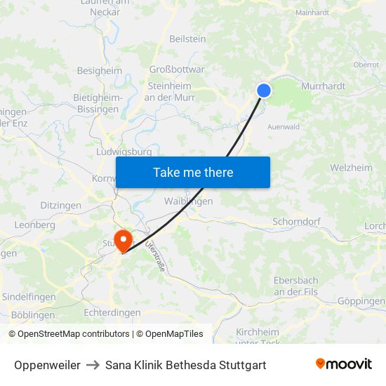 Oppenweiler to Sana Klinik Bethesda Stuttgart map