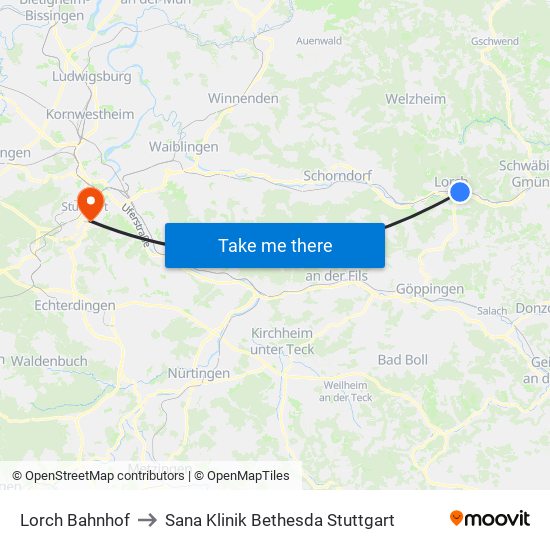 Lorch Bahnhof to Sana Klinik Bethesda Stuttgart map
