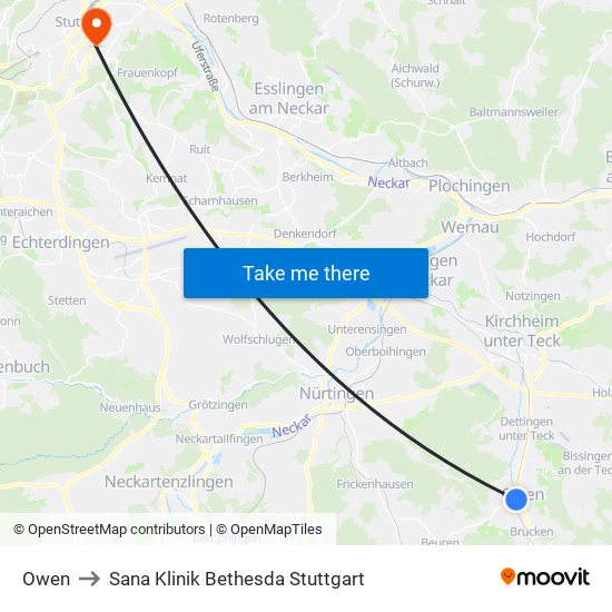 Owen to Sana Klinik Bethesda Stuttgart map