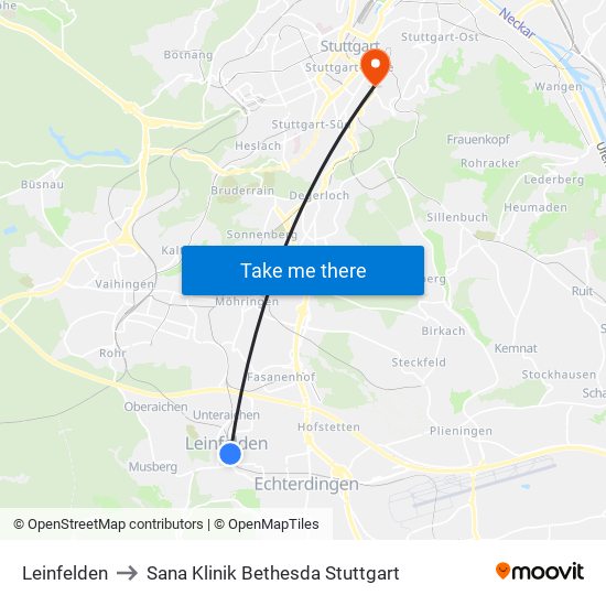 Leinfelden to Sana Klinik Bethesda Stuttgart map