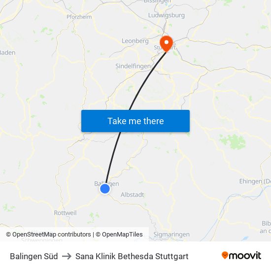 Balingen Süd to Sana Klinik Bethesda Stuttgart map