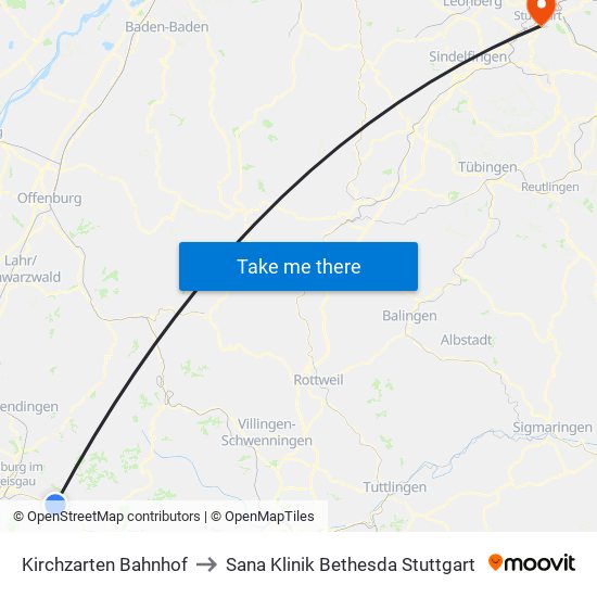 Kirchzarten Bahnhof to Sana Klinik Bethesda Stuttgart map