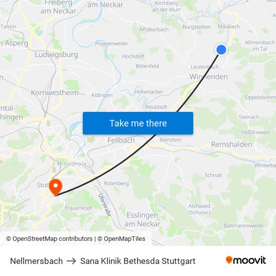 Nellmersbach to Sana Klinik Bethesda Stuttgart map