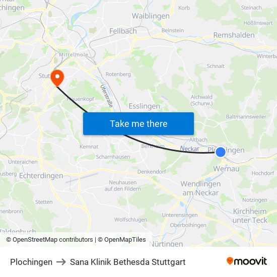 Plochingen to Sana Klinik Bethesda Stuttgart map