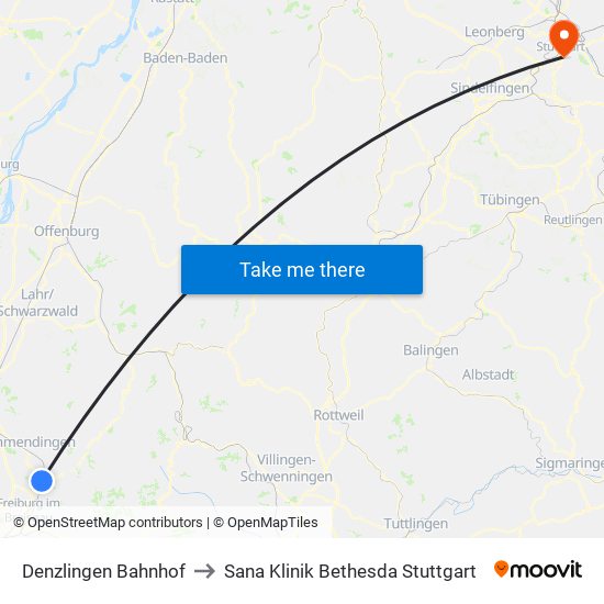 Denzlingen Bahnhof to Sana Klinik Bethesda Stuttgart map