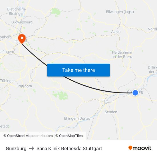 Günzburg to Sana Klinik Bethesda Stuttgart map