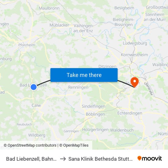 Bad Liebenzell, Bahnhof to Sana Klinik Bethesda Stuttgart map