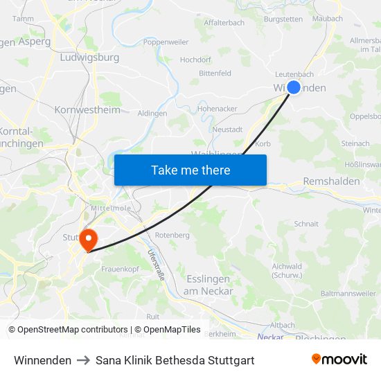Winnenden to Sana Klinik Bethesda Stuttgart map