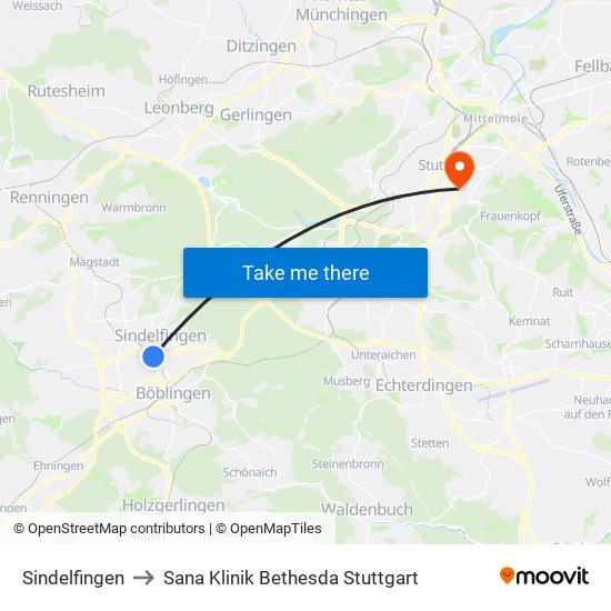 Sindelfingen to Sana Klinik Bethesda Stuttgart map