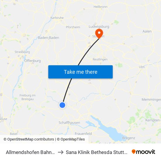 Allmendshofen Bahnhof to Sana Klinik Bethesda Stuttgart map