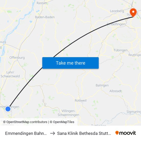 Emmendingen Bahnhof to Sana Klinik Bethesda Stuttgart map