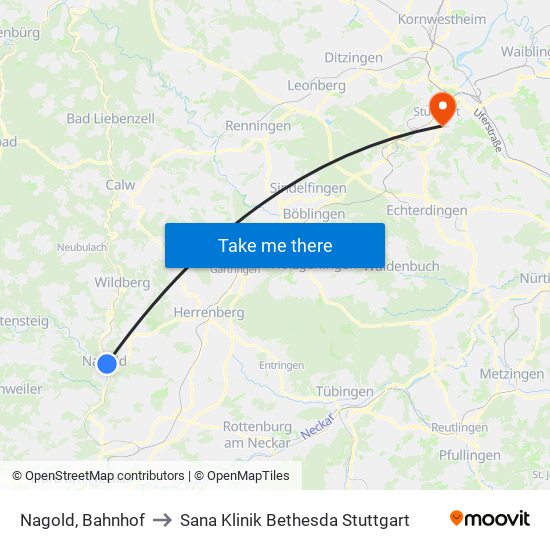 Nagold, Bahnhof to Sana Klinik Bethesda Stuttgart map