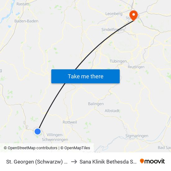 St. Georgen (Schwarzw) Bahnhof to Sana Klinik Bethesda Stuttgart map