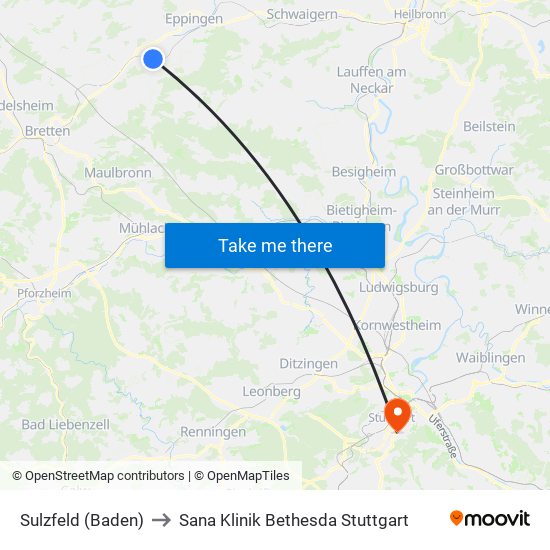 Sulzfeld (Baden) to Sana Klinik Bethesda Stuttgart map