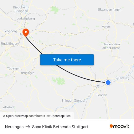 Nersingen to Sana Klinik Bethesda Stuttgart map