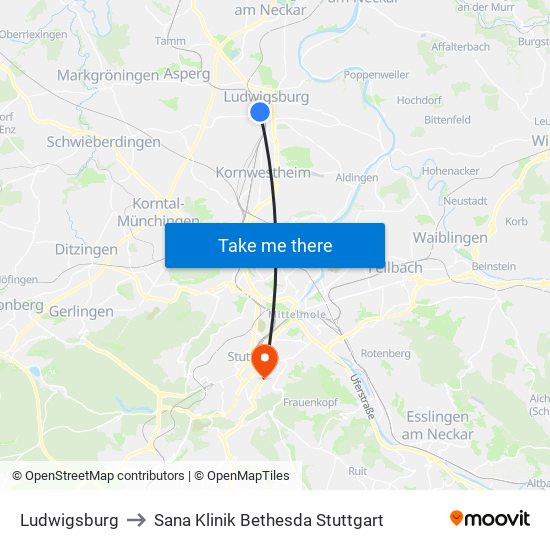 Ludwigsburg to Sana Klinik Bethesda Stuttgart map