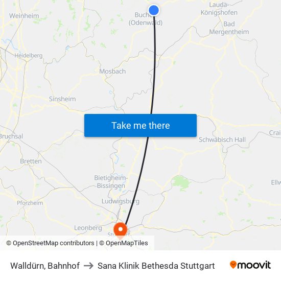 Walldürn, Bahnhof to Sana Klinik Bethesda Stuttgart map