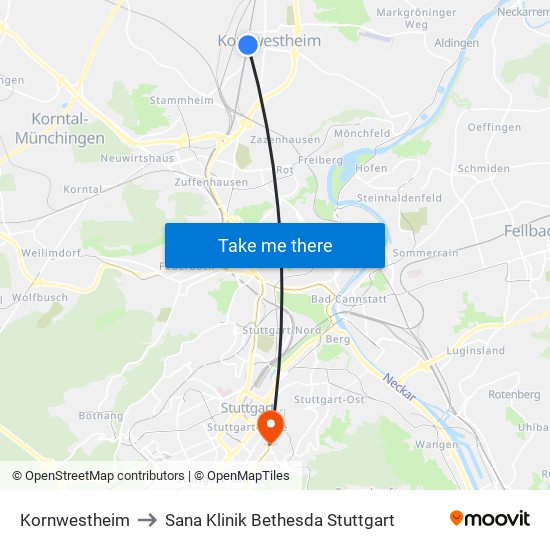 Kornwestheim to Sana Klinik Bethesda Stuttgart map