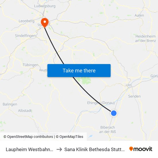 Laupheim Westbahnhof to Sana Klinik Bethesda Stuttgart map