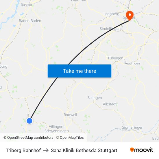 Triberg Bahnhof to Sana Klinik Bethesda Stuttgart map