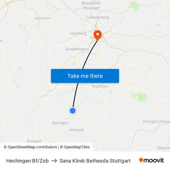 Hechingen Bf/Zob to Sana Klinik Bethesda Stuttgart map