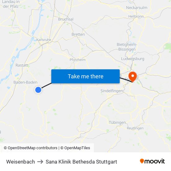 Weisenbach to Sana Klinik Bethesda Stuttgart map