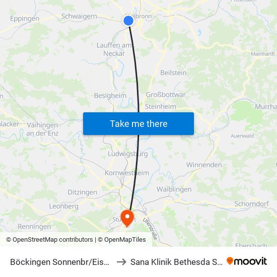 Böckingen Sonnenbr/Eisenbahnm to Sana Klinik Bethesda Stuttgart map