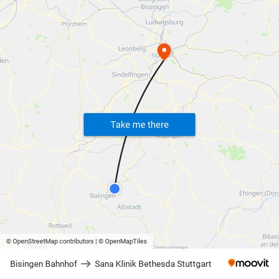 Bisingen Bahnhof to Sana Klinik Bethesda Stuttgart map