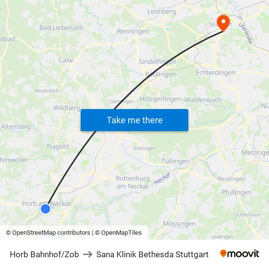 Horb Bahnhof/Zob to Sana Klinik Bethesda Stuttgart map