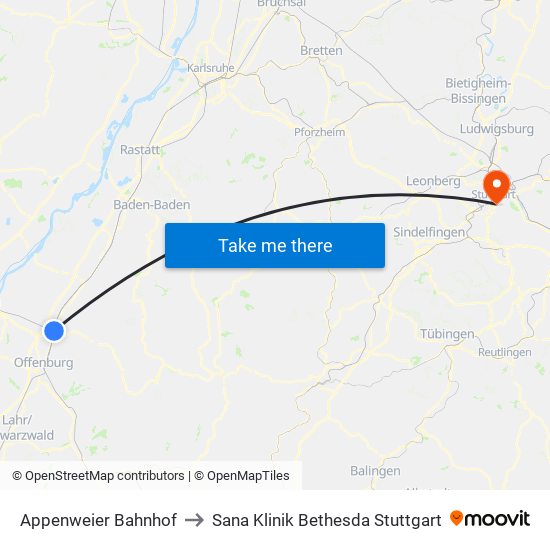 Appenweier Bahnhof to Sana Klinik Bethesda Stuttgart map