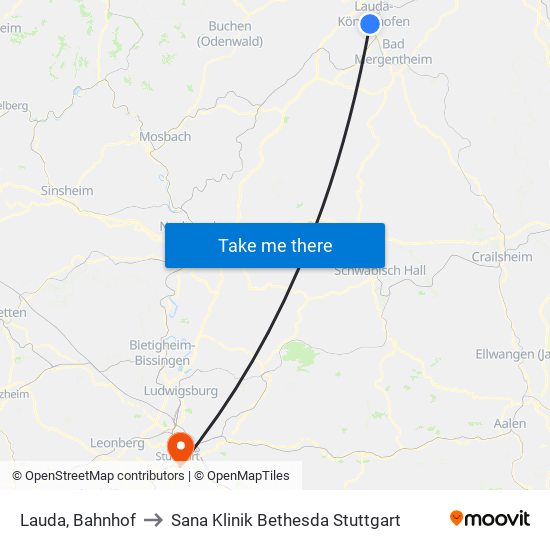 Lauda, Bahnhof to Sana Klinik Bethesda Stuttgart map