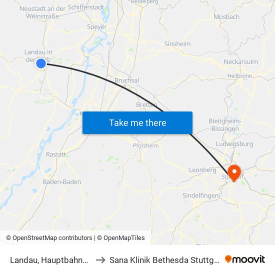 Landau, Hauptbahnhof to Sana Klinik Bethesda Stuttgart map