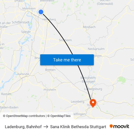 Ladenburg, Bahnhof to Sana Klinik Bethesda Stuttgart map