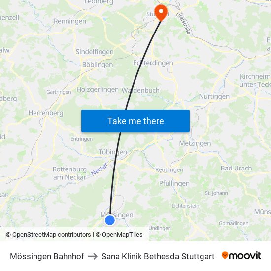 Mössingen Bahnhof to Sana Klinik Bethesda Stuttgart map