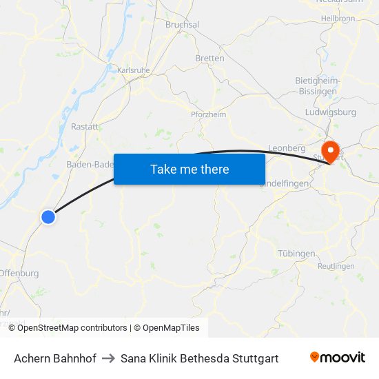 Achern Bahnhof to Sana Klinik Bethesda Stuttgart map