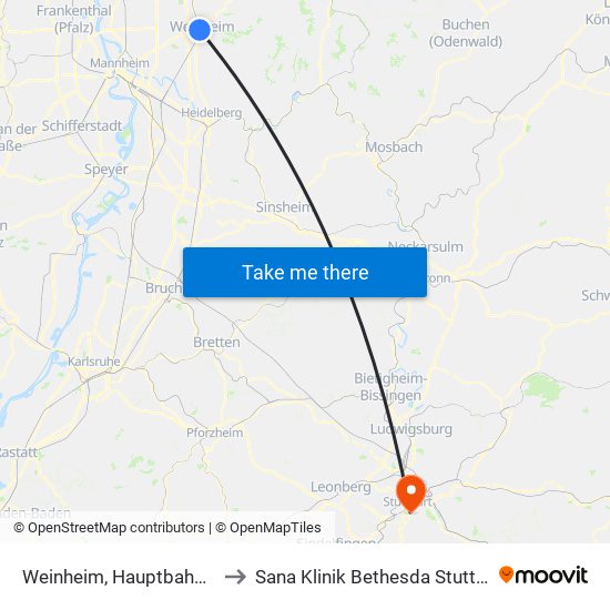Weinheim, Hauptbahnhof to Sana Klinik Bethesda Stuttgart map