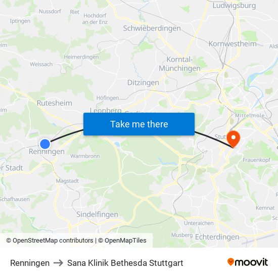 Renningen to Sana Klinik Bethesda Stuttgart map