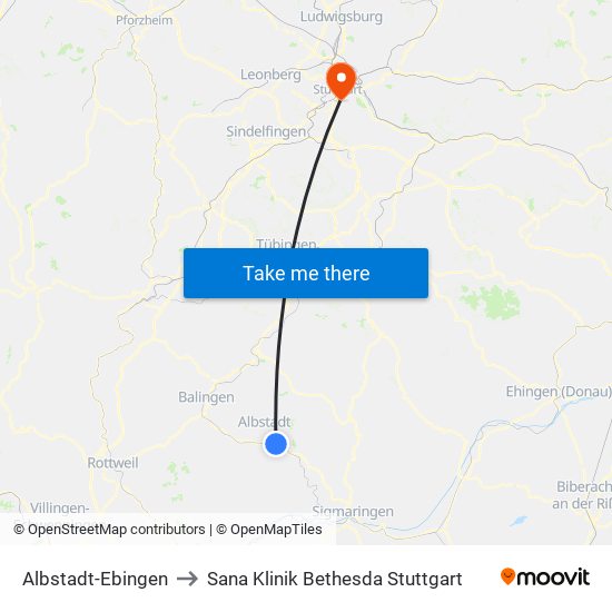 Albstadt-Ebingen to Sana Klinik Bethesda Stuttgart map