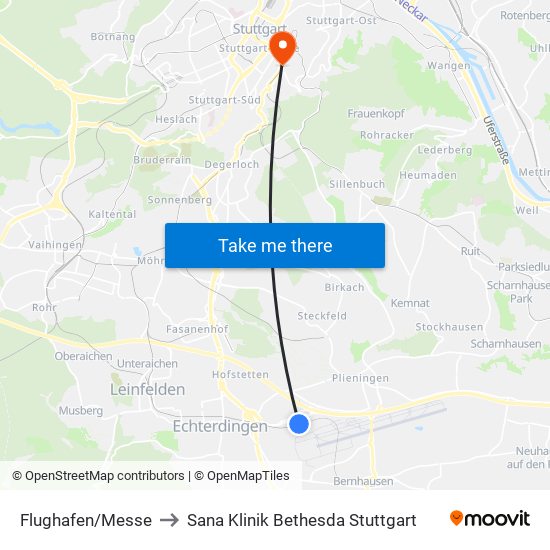 Flughafen/Messe to Sana Klinik Bethesda Stuttgart map