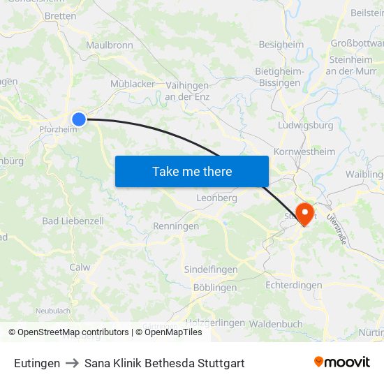 Eutingen to Sana Klinik Bethesda Stuttgart map