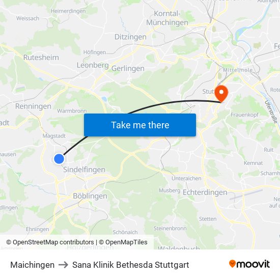 Maichingen to Sana Klinik Bethesda Stuttgart map